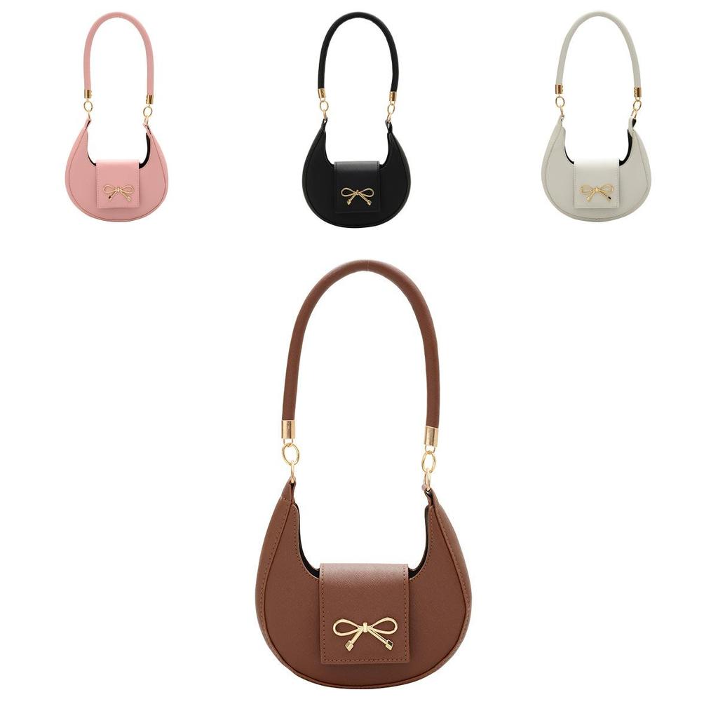 Simple Solid Color Gold Bow Decoration Women Casual Shoulder Bag For Street Style
