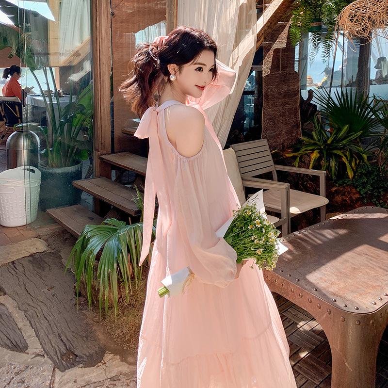 Seaside Vacation Dress Women's Summer New Sweet Gentle Wind Temperament Beautiful Off-the-shoulder Beach Dress