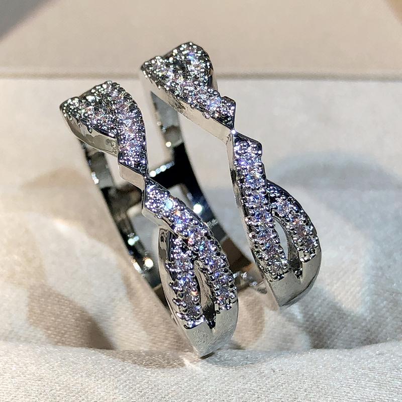 Copper Exquisite Geometric Zircon Double Row Ring Women's Jewelry New Interwoven Winding Ring Party Birthday Gift