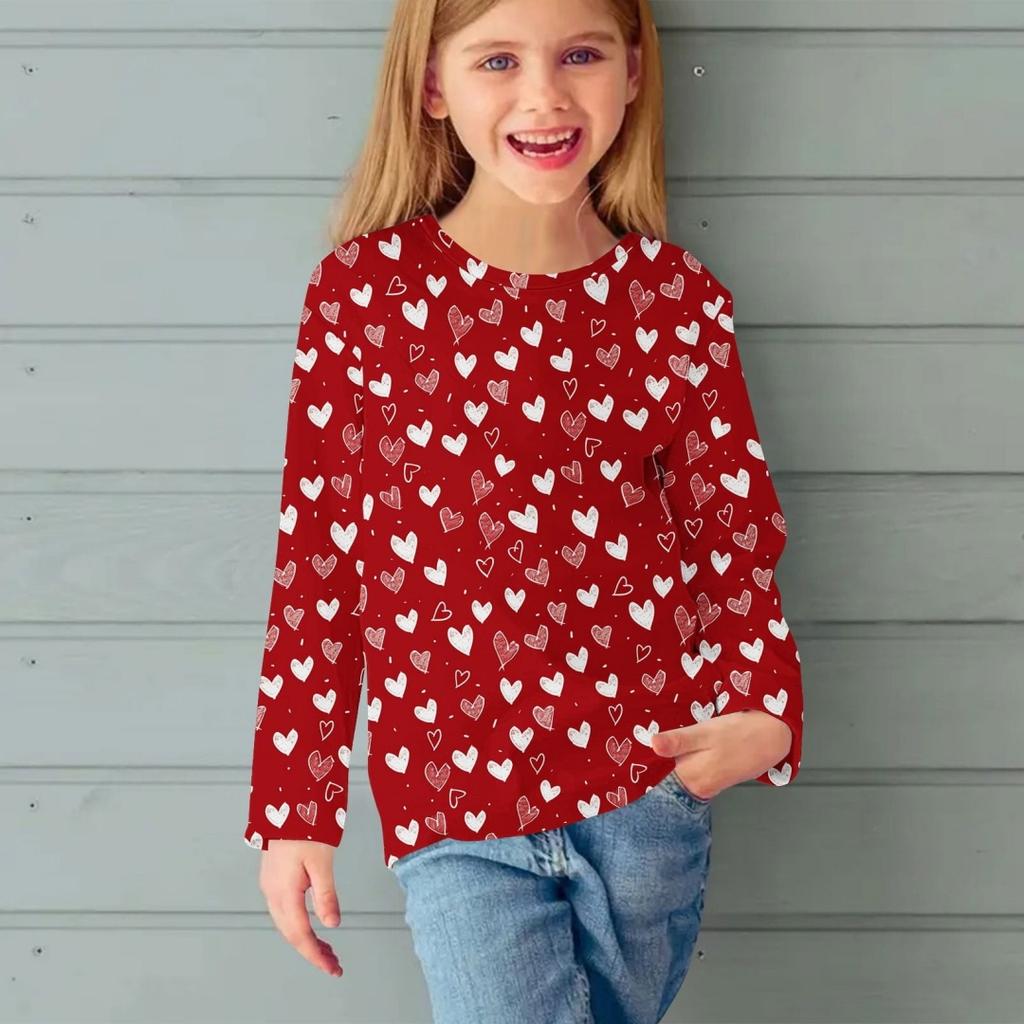 Fashion Children Casual Long Sleeved Letter Heart Pattern 3D Print Tops Funny Style Comfortable Round Neck Pullover Clothing