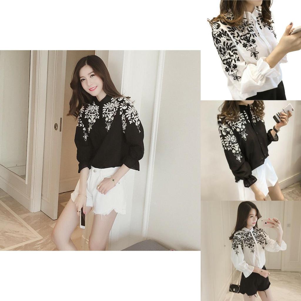 Premium Quality Female Women Long Sleeve Embroidery Blouse Shirt With Timeless Korean Flower Design
