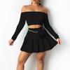 Women Long Sleeve Set Solid Color Casual Outfit Strapless Pleated Skirt Suit