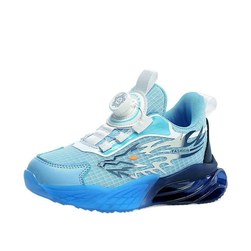 Children's Breathable Boys' Button Shock-absorbing Non-slip Sports Shoes Air Cushion Soft Elastic Mesh New Spring Rotating Running Shoes