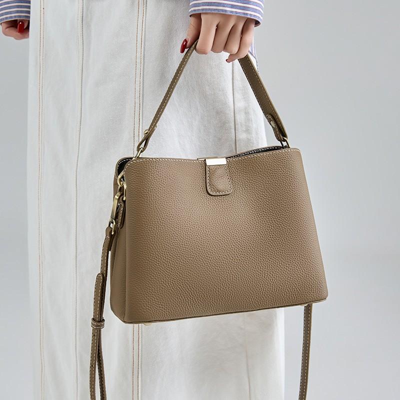 Womens Genuine Leather Shoulder Bag Medium Size Water Bucket Style Crossbody Urban Minimalist Design