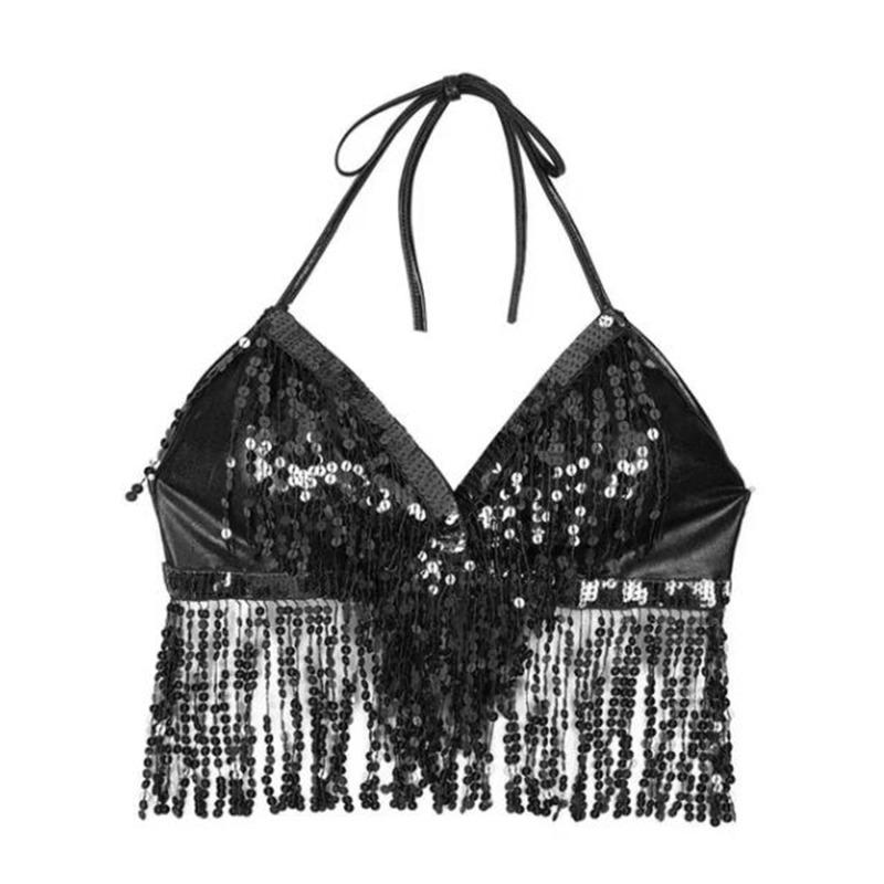 Belly Dance Sequin Fringe Top Nightclub Performance Halter Bra Dance Wear Show Costumes Halter Bra  Performance Top