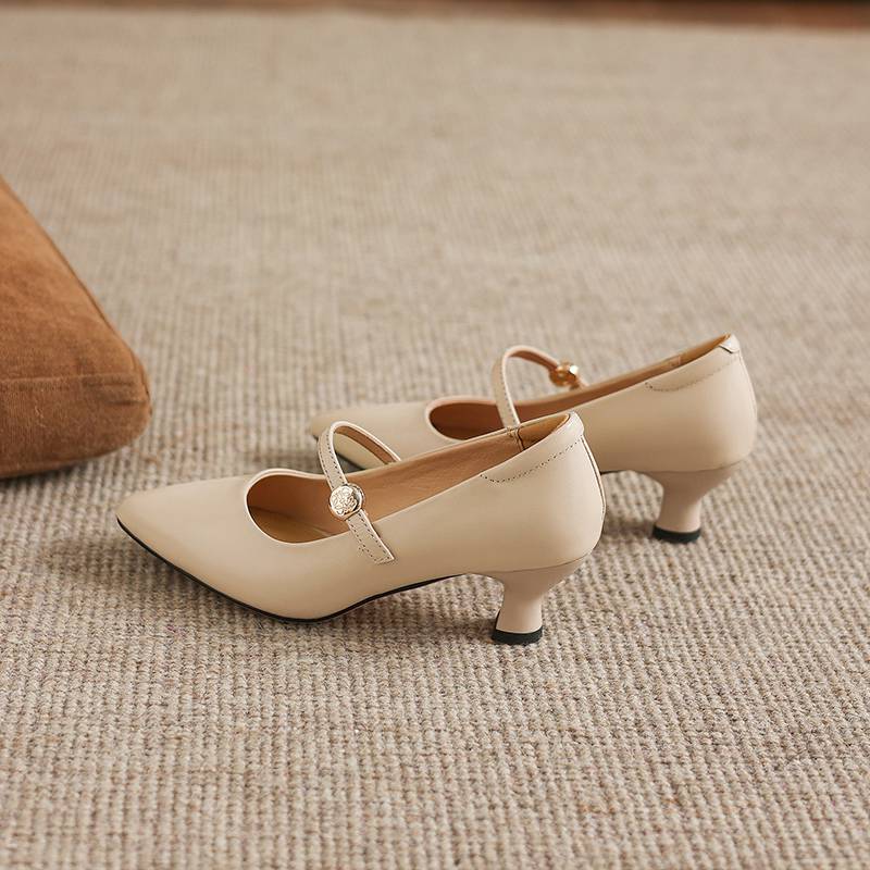 Krazing Pot Genuine Leather Round Toe Thin Heels Summer Shoes Solid Big Size 42 Shallow Decoration buckle Women Shallow Pumps