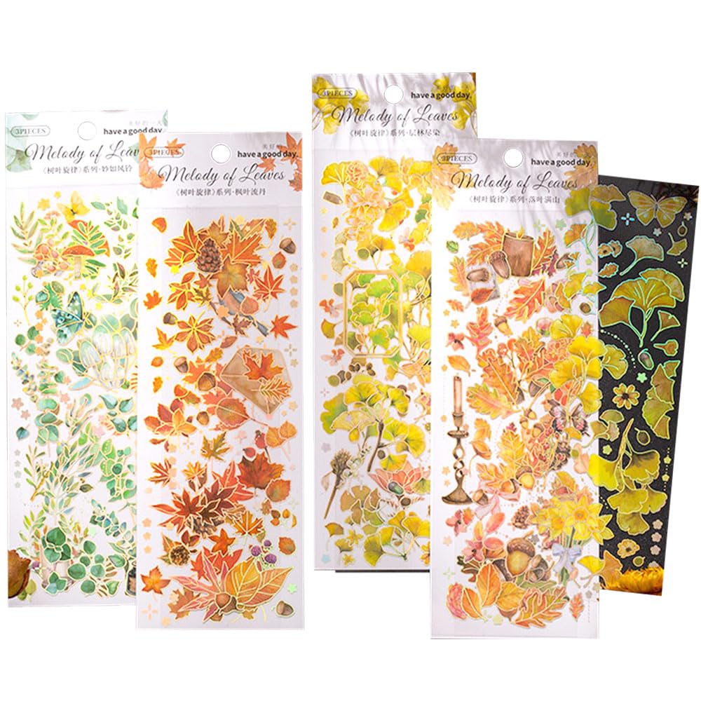 

мойн мойн Набор стикеров «Осенние листья» из 12 сверкающих дизайнов: клен, бабочки, полное покрытие / красивые, цветы, с фольгированным тиснением / оранжевый, красный, желтый,