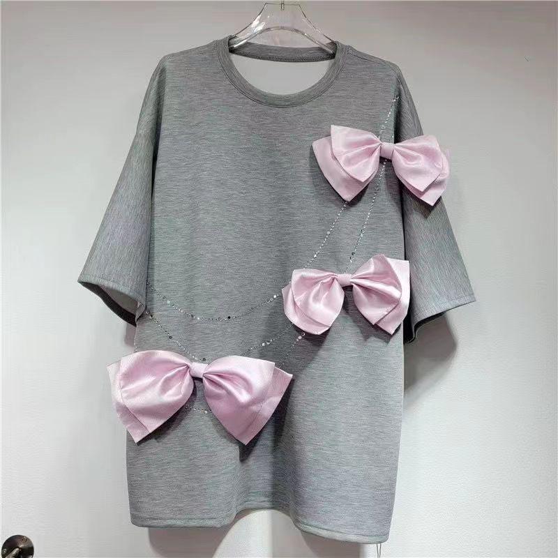 3D Bowknot Solid Cotton T-shirt Women Sweet Rhinestone O-neck Short Sleeve Shirts Female New Spring Fashion Design Tops