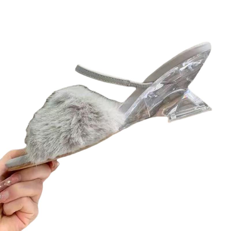 Fur Women Slippers Mid Heels Designer Shoes Dress New Woman Sandals 2025 Summer Elegant Pumps Luxury Zapatillas De Mujer