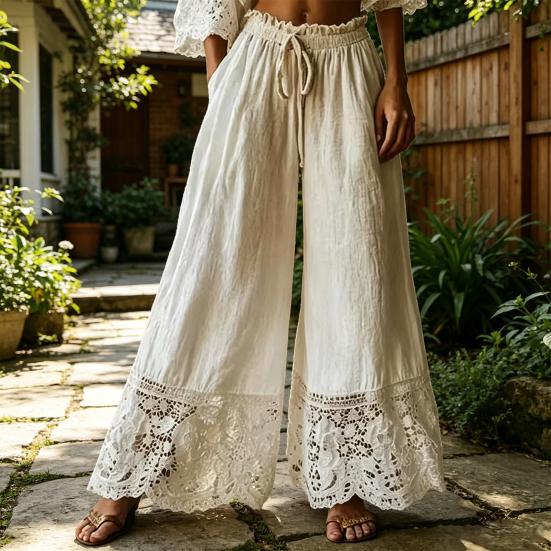 Women Pants Drawstring Adjustable Waistband High Waist Summer Pants Pure Color Loose Fit