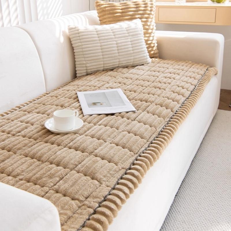 Thicken Quilting Warm Stripe Flannel Sofa Pad, for Winter Living Room Sofa Towel Multiuse Sofa Cover Slipcover