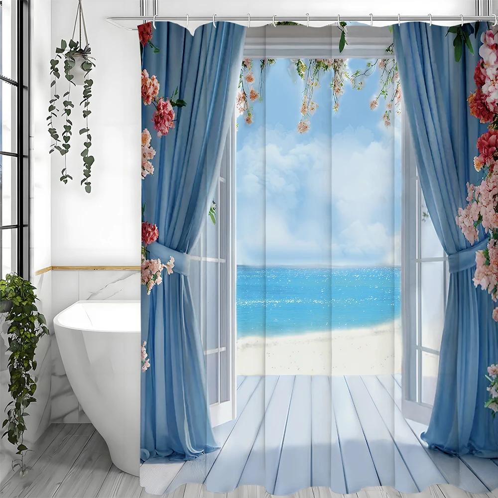 Ocean Blue Curtain Plank Beach Floral Shower Curtain, Bathroom Decorative Shower Curtain, Waterproof Shower Curtain with Hooks