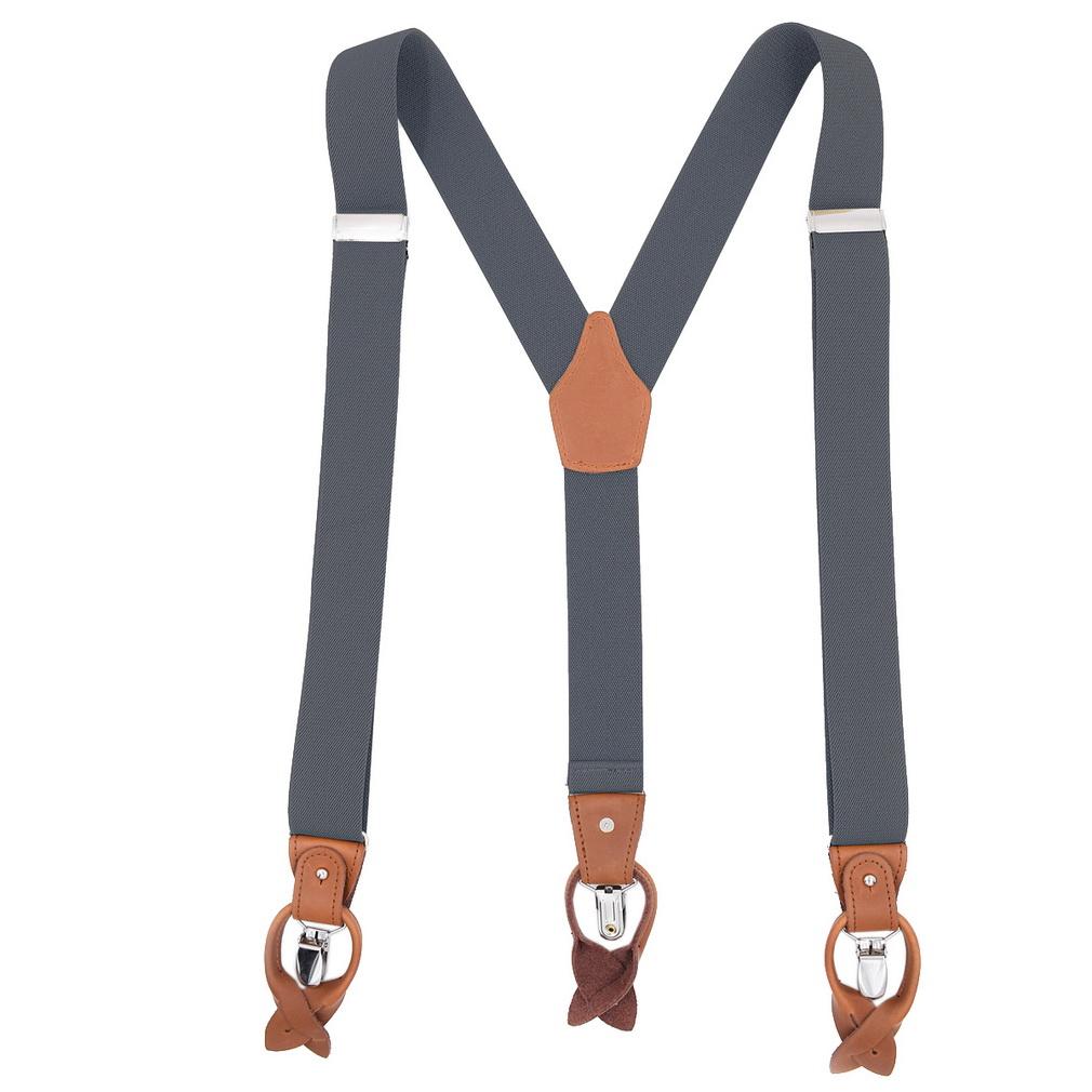 Men 2-in-1 Y-Back Suspenders Elastic 6 Clips Button End Genuine Leather Braces