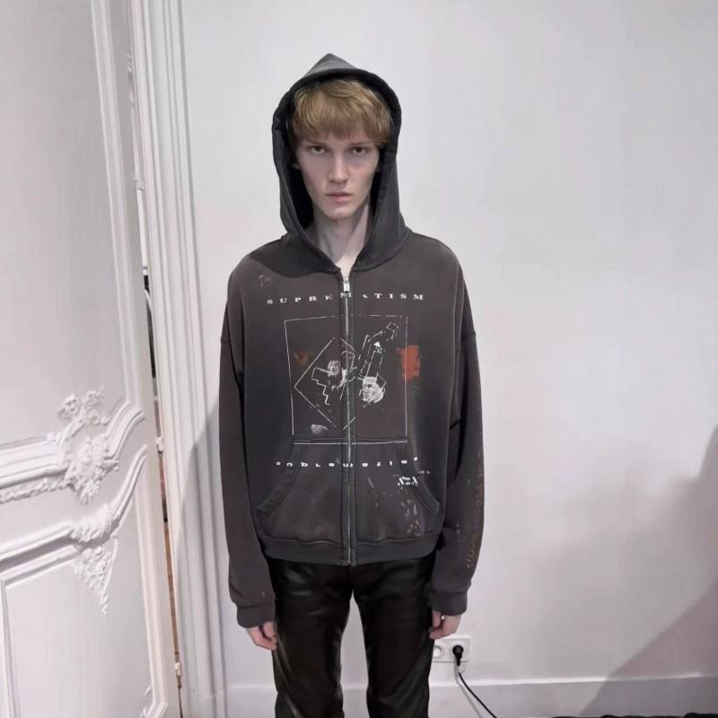 Mens Oversized Distressed Washed Hoodie With Zipper Front Vintage Streetwear Sweatshirt