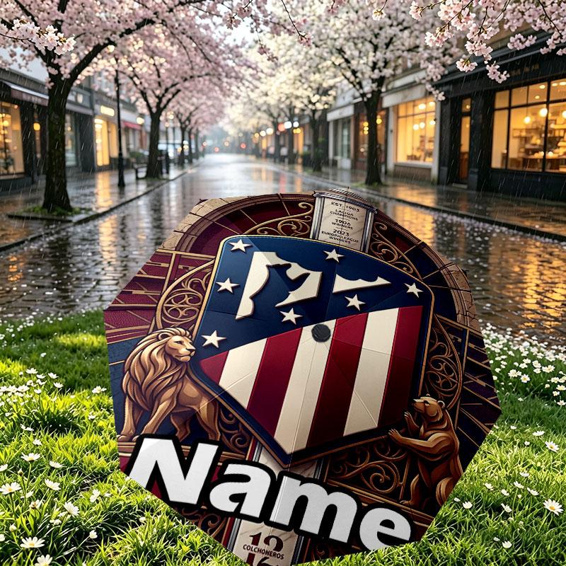 Custom Name Personalized Atletico Madrid Print Umbrella, Auto Open Close, 8‑Rib Sturdy Frame, Commute Camping Hiking Use, Birthday Gift