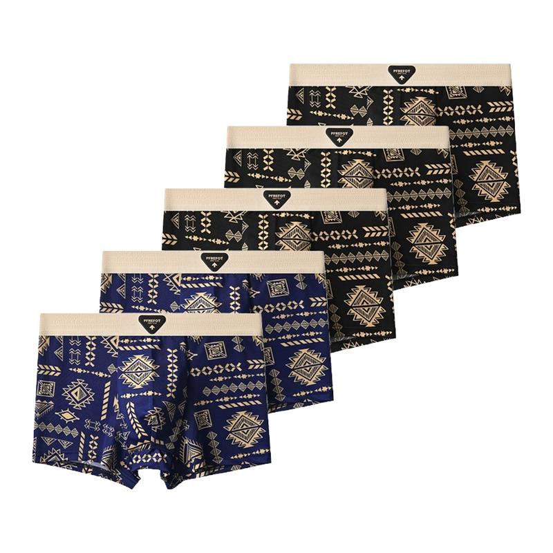 5 Pieces Men's Ice Silk Underwear Comfortable Boxer Briefs Teenager Retro Underpants Breathable Printing Boxers