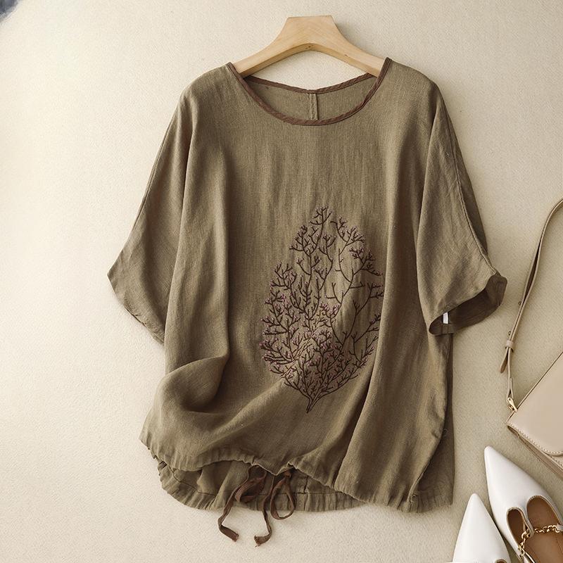 

Вінтажна вишивка з коротким рукавом Повсякденна вільна бавовняна білизна з круглим вирізом Літня футболка великого розміру Жіноча сорочка Верхній одяг XXL хакі