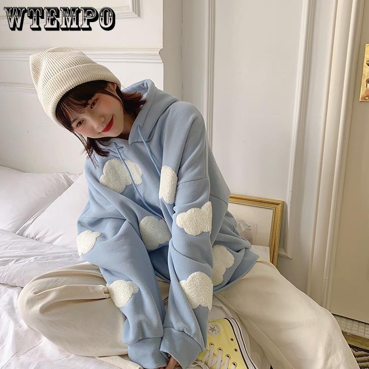 Koreanisches Sweatshirt Damen Winter Wolken Pullover Damen Plus Samt Warm Langarm Oberteile Lässige Kapuzenpullover