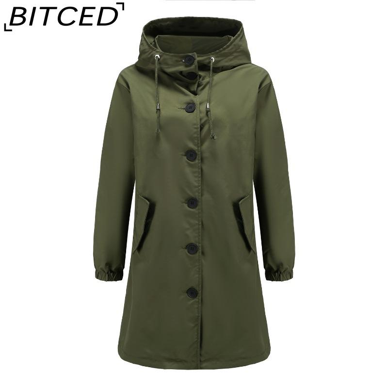 BITCED Autumn/Winter Water-Repellent Hooded Trench Coat Women's Casual Long Coat Loose Fit Plus Size Outdoor Rainwear