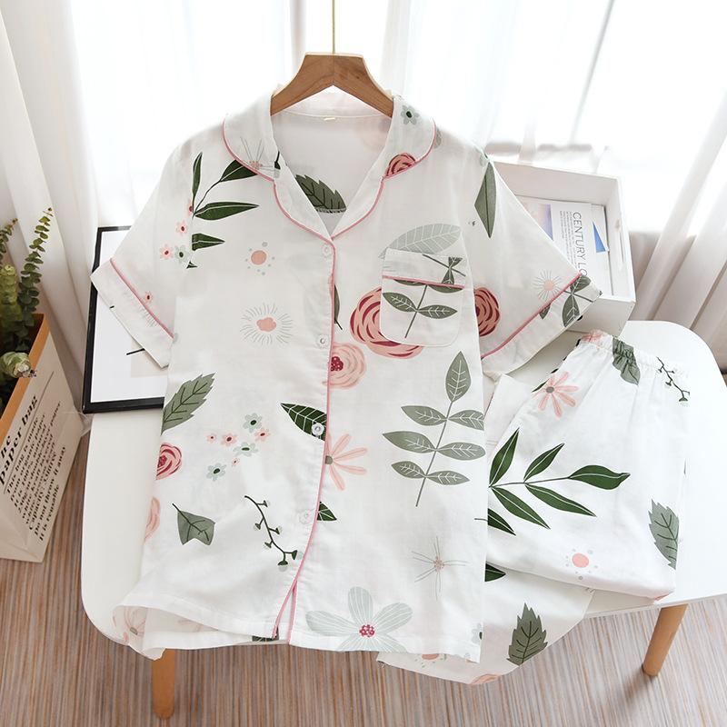 New Spring and Summer Short-sleeved Trousers Pajamas 2-piece Set 100% Cotton Gauze Flower Cartoon Home Wear Set