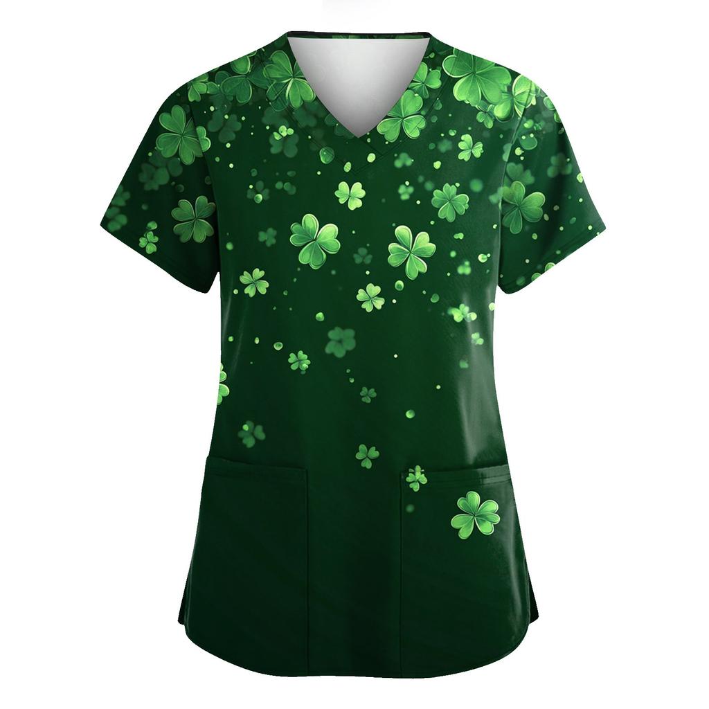 Women's Loose And Casual Printed Uniform Work Uniform V-Neck Pocket Protective Uniform