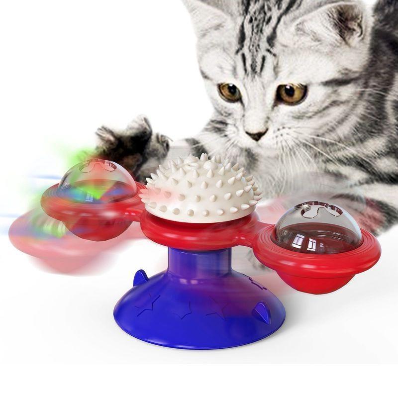 Cat Windmill Toy Funny Massage Rotatable Cat Toys with Catnip LED Ball Teeth Cleaning Pet Products