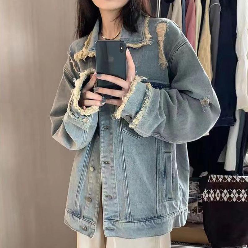 Veste en jean à bords bruts rétro pour femme, vêtement de travail décontracté et ample, printemps et automne, tendance
