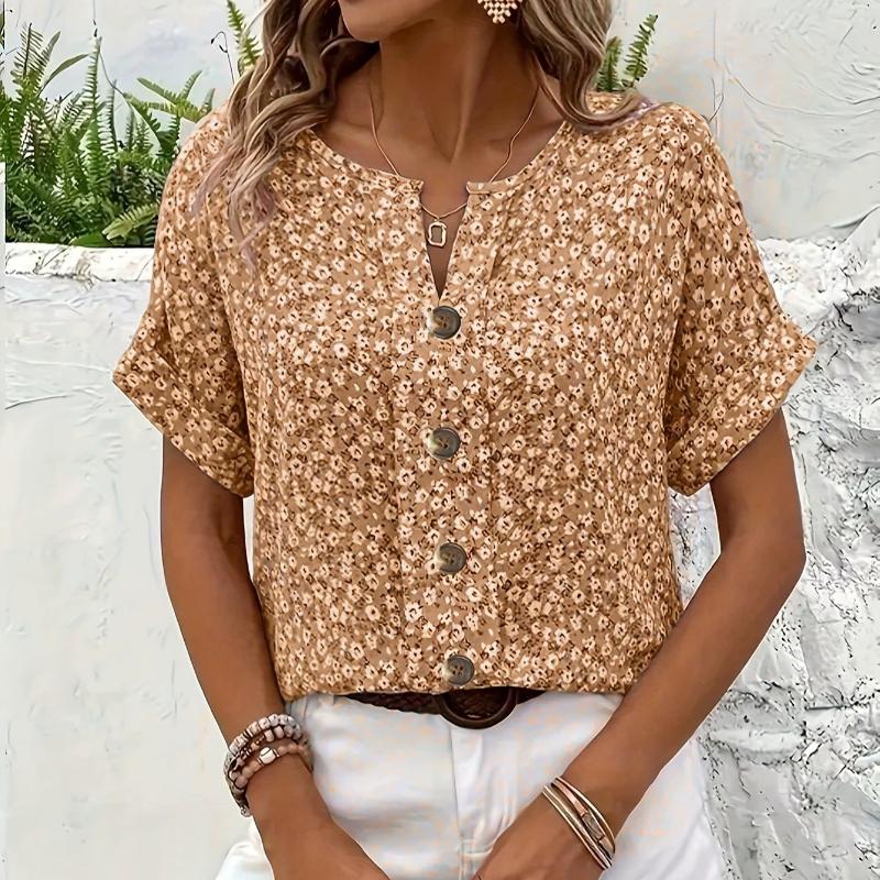 Übergröße Damenhemden Frühling Sommer Mode Lässig Blumendruck V-Ausschnitt Kurzarm Blusen Kleidung 2XL violett
