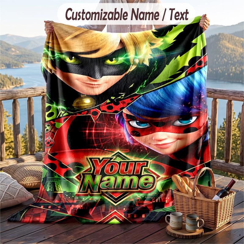 Coperta in Flanella Miraculous Ladybug, Testo con Nome Personalizzato, Morbida Calda Coperta Plaid in Peluche per Regalo