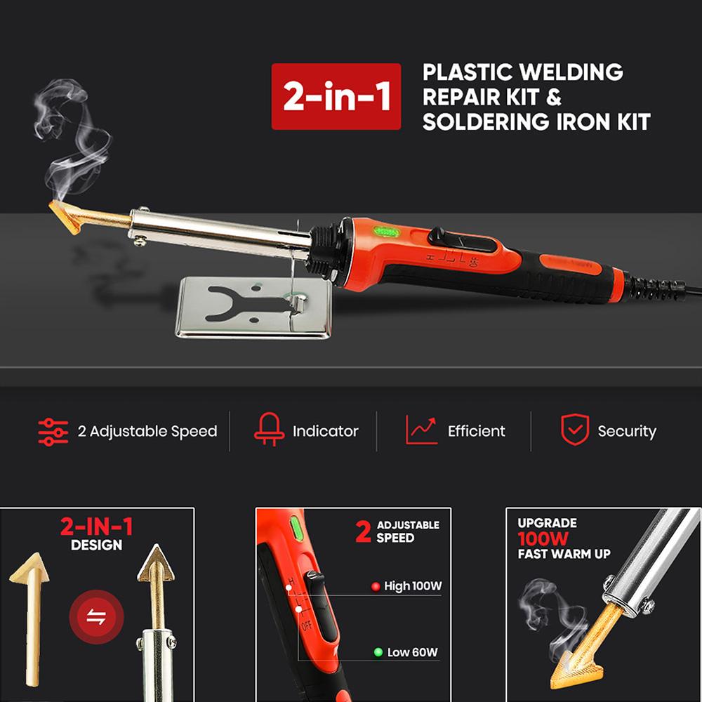 100W Plastic Welding Repair Kit & 2-IN-1 Soldering Iron 200/1000Pcs Hot Staples Kayak Bumper Car Repair Tools