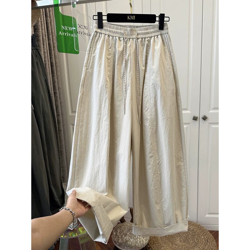 European Plus Size 120kg Elastic Waist Casual Wide-Leg Long Pants for Women, Summer Slimming Harem Loose Cropped Pants