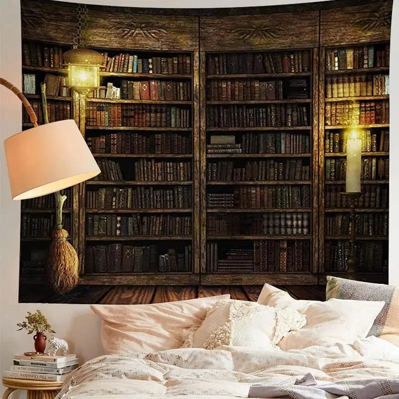 Vintage Library Bookshelf Tapestry, Magical Witchy Study Room Print Wall Hanging for Bedroom Dorm Living Room Home Decor 100X70CM