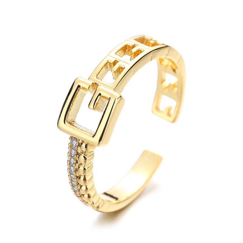 2026 18K Gold Plated Ring Women's Vintage Diamond Ins Simple French Light Luxury Index Finger Geometric Opening Irregular Ring Trend
