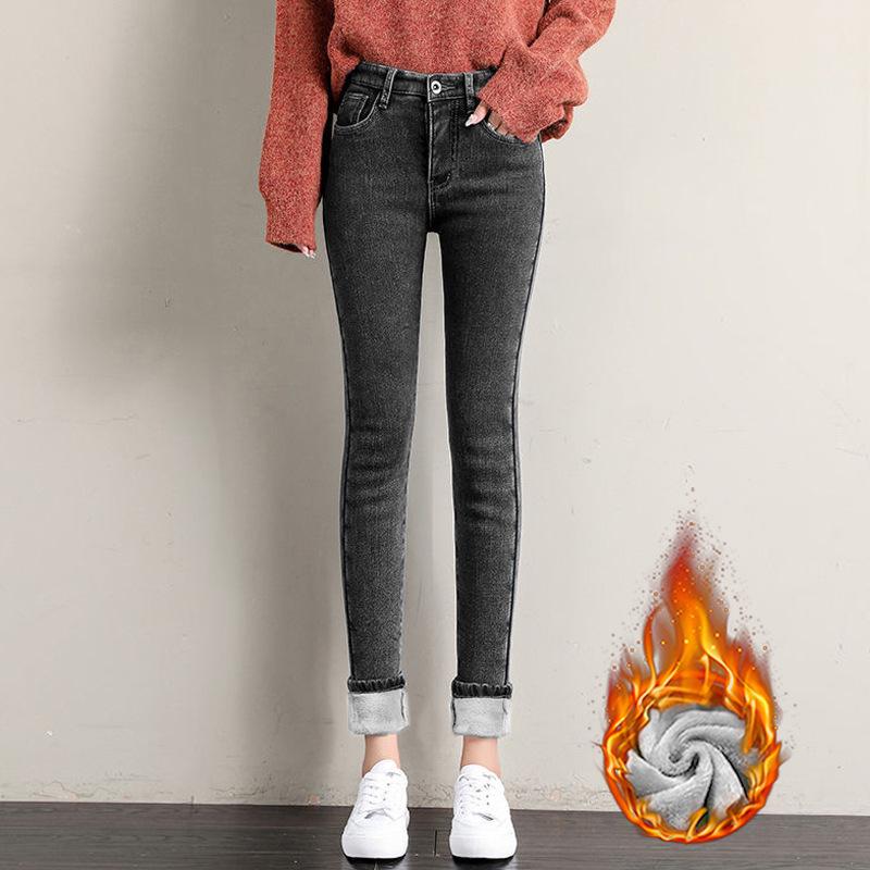 Женские узкие плюшевые джинсы с высокой талией — плотные, эластичные, облегающие брюки-карандаш для зимы
