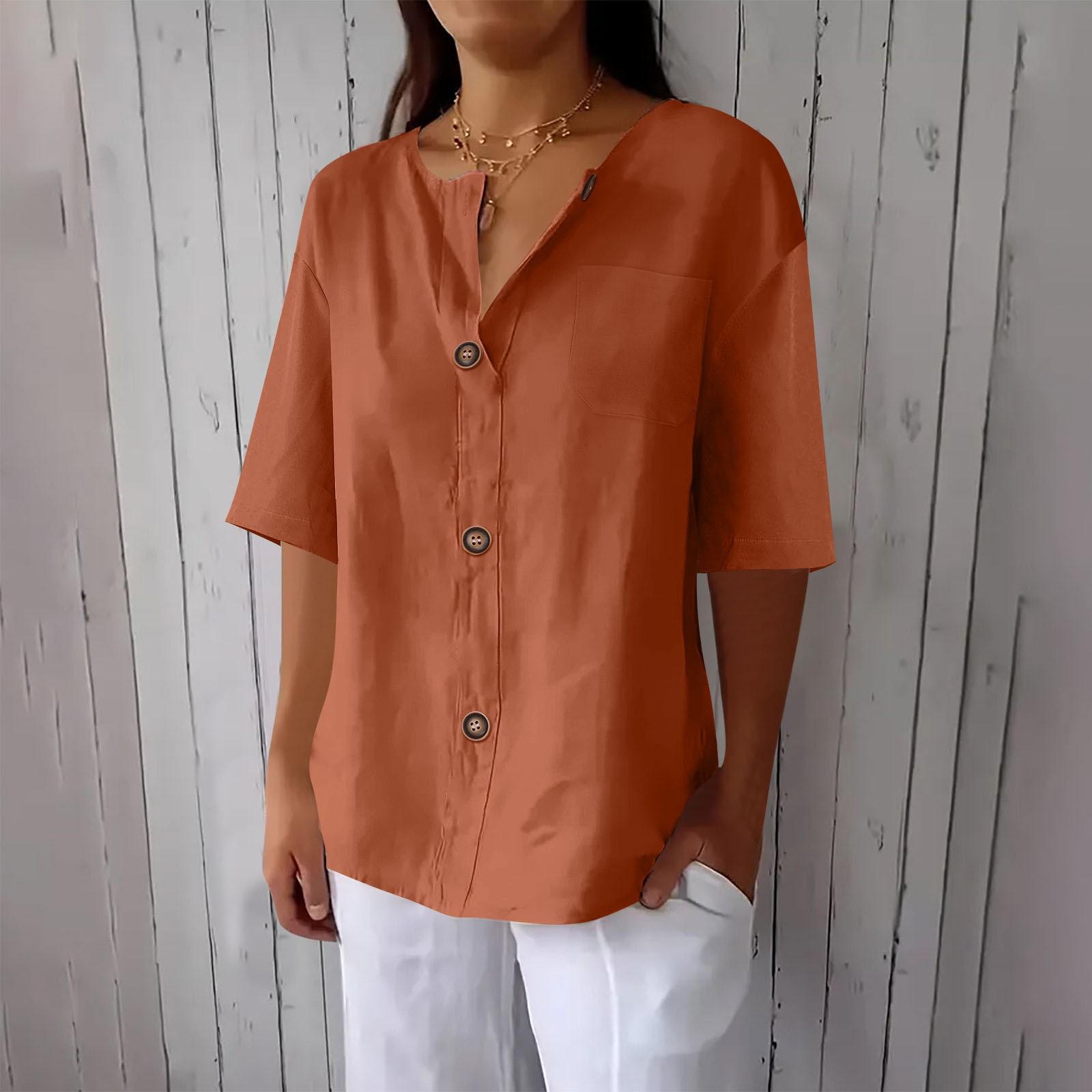 

Женская модная повседневная хлопковая блузка с V-образным вырезом и пуговицами на половину рукава XL кофейный