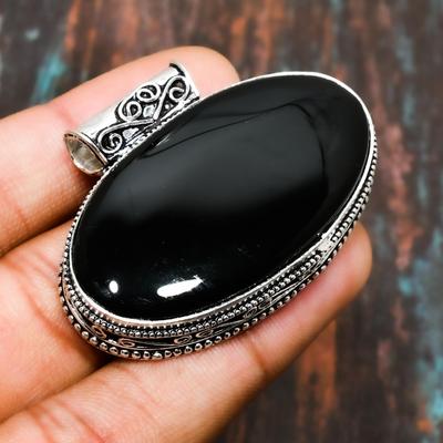 Erstaunlicher schwarzer Onyx, handgefertigter Edelstein-Schmuckanhänger aus massivem 925er Sterlingsilber