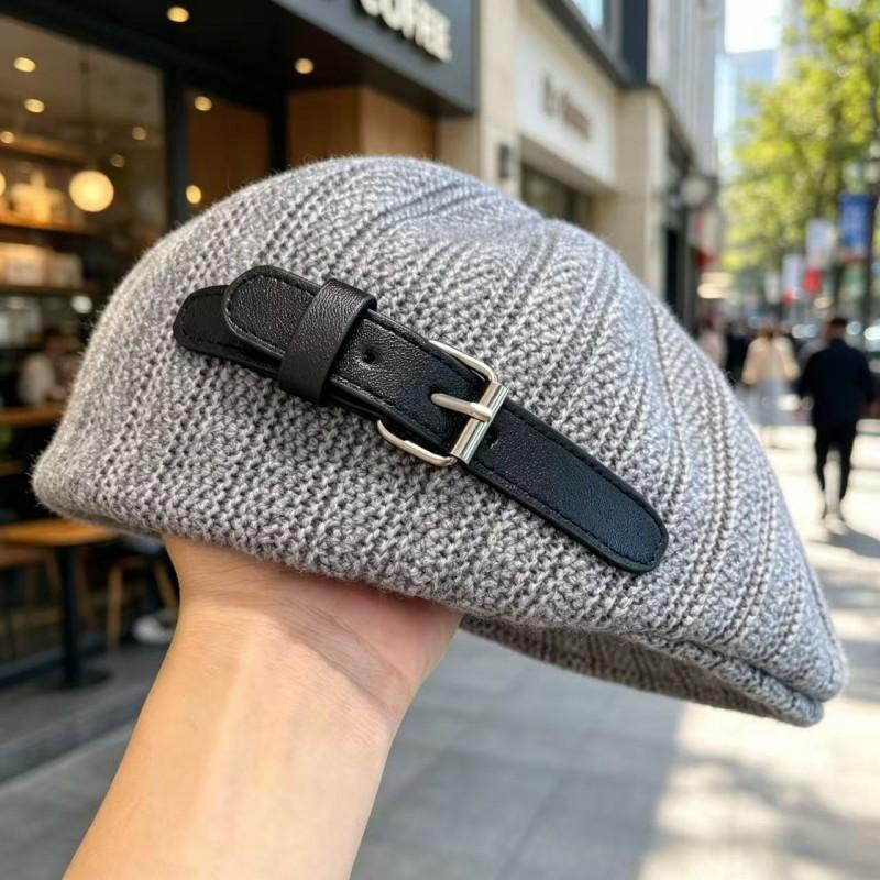 Vintage British Style Knit Beret Cap Women - Versatile Artistic Painter Hat With Belt Detail