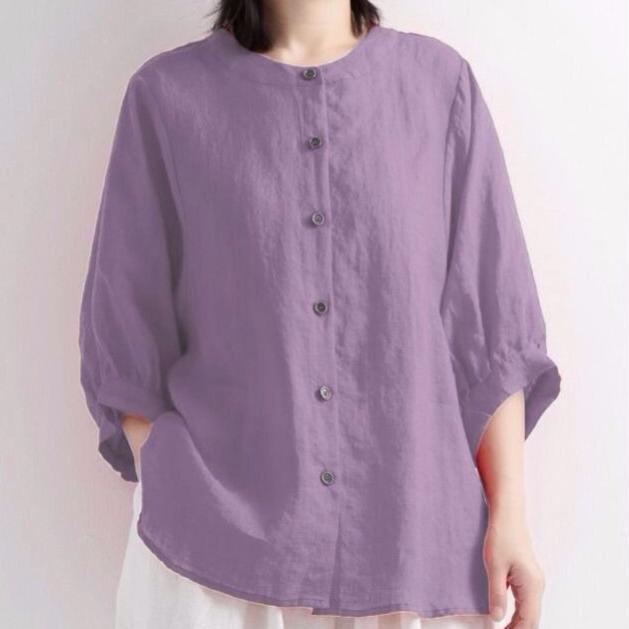 Summer Cotton and Linen Shirt Women's Lantern Sleeves Retro Artistic Top Loose Middle Sleeves Plus Size Shirt Women