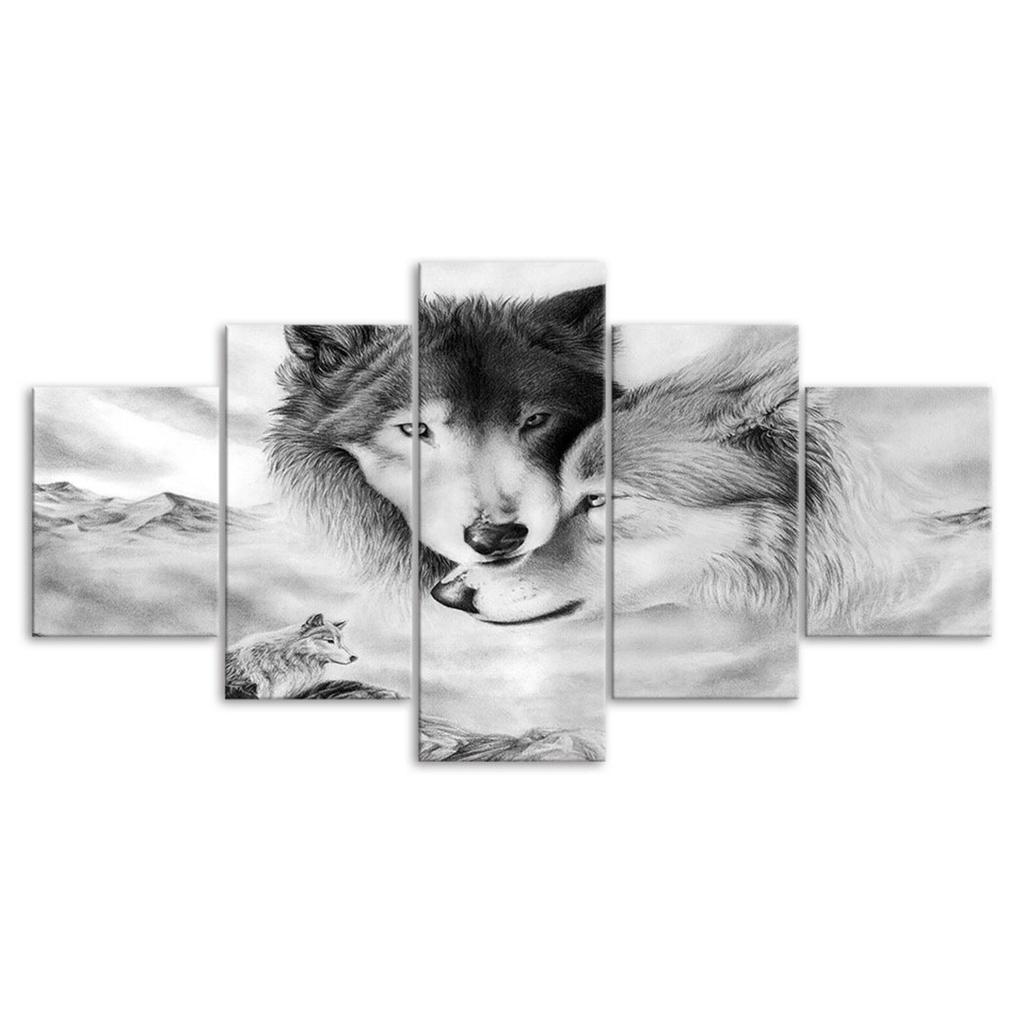 Wolfspaar Schöne Wildtier-Szene 5-teilig Fünfteiliges Wandleinwandbild Moderner Poster-Bilder Home Decor Geschenk für Ihn für Sie