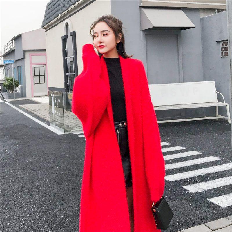 

Свободный свитер-пальто из норки, вязаный кардиган для ранней весны Foreign-style red L