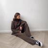 2025 Women's High Neck Wool Sweater & Slit Pants Set – European & American Loose Casual Two-Piece