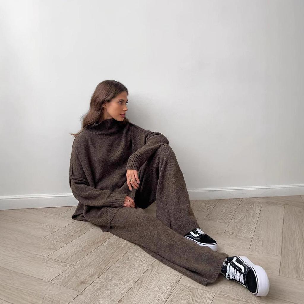 2025 Women's High Neck Wool Sweater & Slit Pants Set – European & American Loose Casual Two-Piece