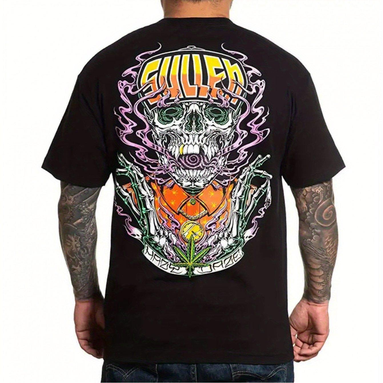 

Sullen Men s Exhale Graphic Black Cotton T-Shirt Bohemian Style Short Sleeve Round Neck Artistic Skull Floral Print Summer 4XL