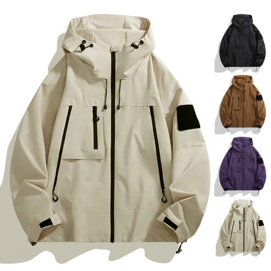 Men Women Windbreaker Waterproof Stand-up Collar Hooded Jacket Outdoor Coat with Zipper Pockets for Hiking Climbing Sports