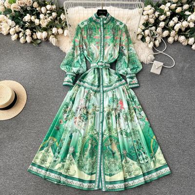 Bohemian Chiffon Green Maxi Dress Women's Turtleneck Lantern Sleeve Single Breasted Flower Print Belt Holiday Long Dresses 2046
