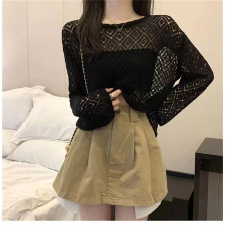 Damen Strick-Sonnenschutzshirt mit Aushöhlungen, locker, kurz, Pullover-Überwurf, Eisseidenhemd, Frühlingsoberteil