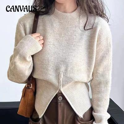 Pull-over court zippé d'automne et d'hiver pour femme, pull-over cintré à col rond