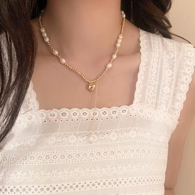 Women's Heart Pearl Bead Drop Chain Choker Necklace