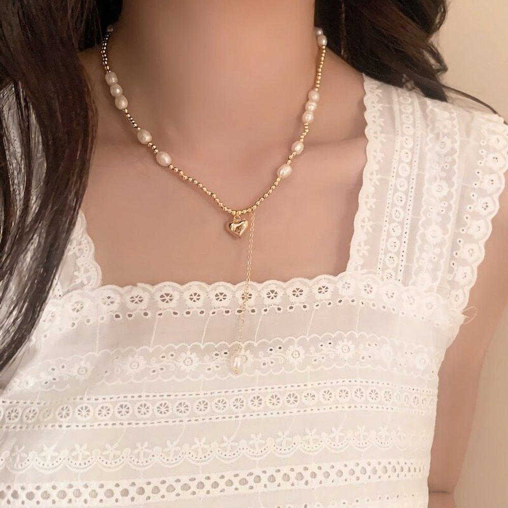 

Women s Heart Pearl Bead Drop Chain Choker Necklace Silver