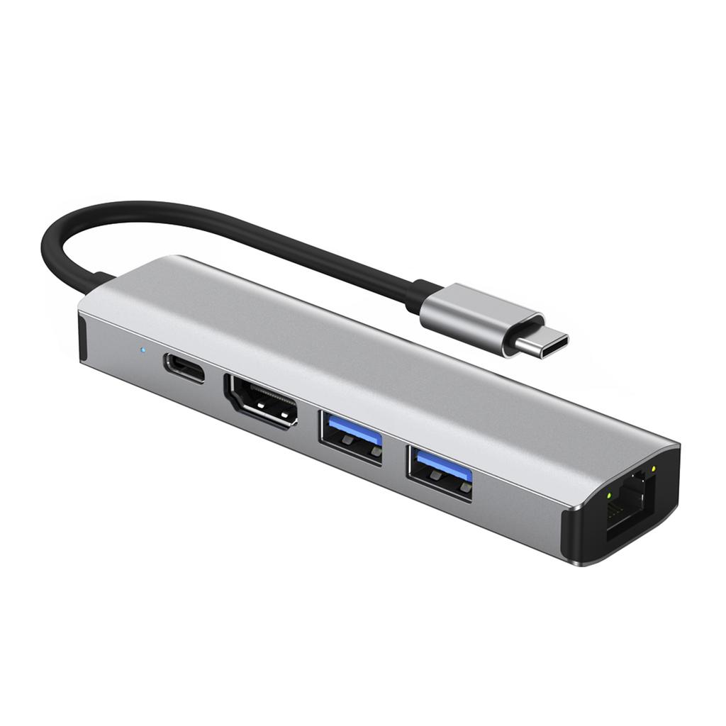 5 In 1 TYPE-C To USB3.0*1+USB2.0*1+PD100W/USB-C Data+HDMI+100M Network Card PC